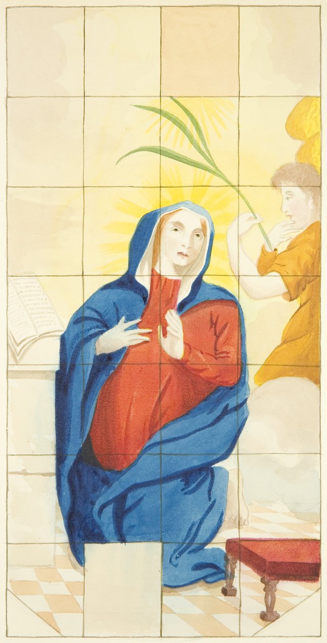 Witraż na wschodnim krańcu południowej nawy katedry w Bristolu przedstawiający Zwiastowanie (akwarela na papierze) autorstwa Joseph Manning
