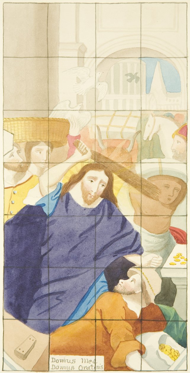 Witraż na wschodnim krańcu południowej nawy katedry w Bristolu przedstawiający kupujących i sprzedających w świątyni (akwarela na papierze) autorstwa Joseph Manning