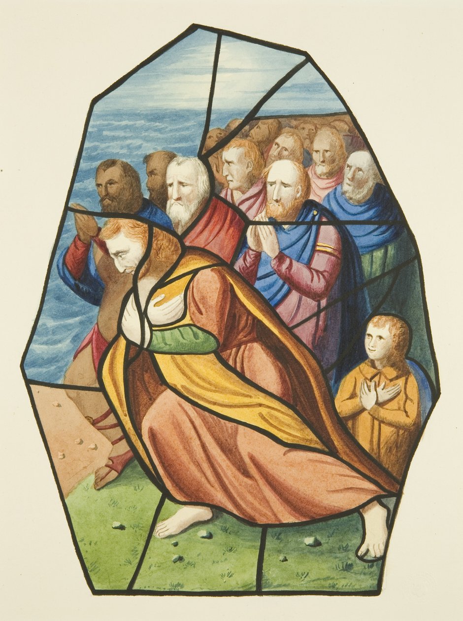 Witraże, prawdopodobnie przedstawiające uczniów nad Jeziorem Galilejskim, kościół św. Michała (akwarela na papierze) autorstwa Joseph Manning