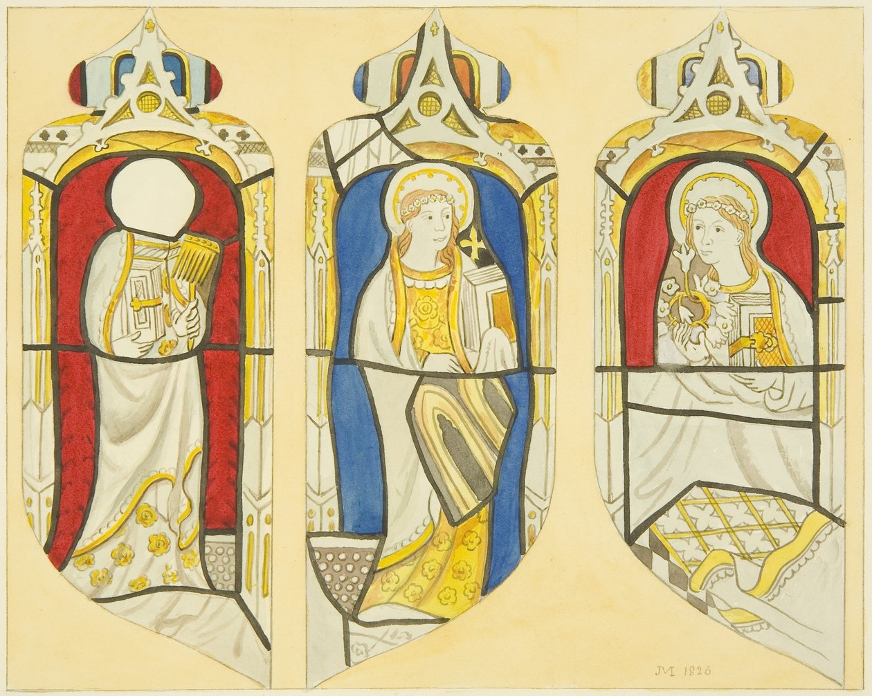 Trzy postacie we wschodnim oknie północnym transepcie St Mary Redcliffe (akwarela na papierze) autorstwa Joseph Manning