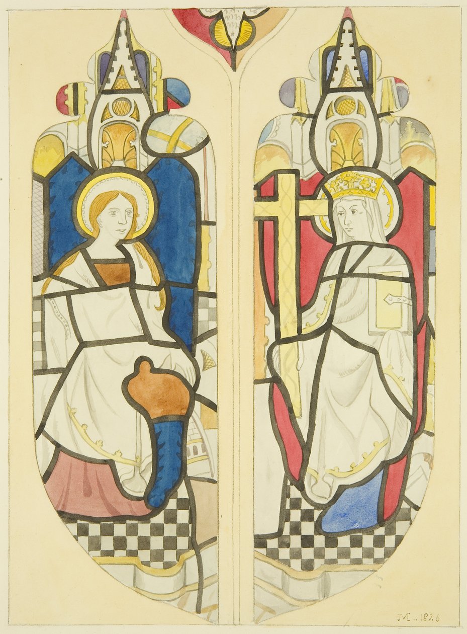 Dwie postacie we wschodnim oknie północny transept St Mary Redcliffe (akwarela na papierze) autorstwa Joseph Manning