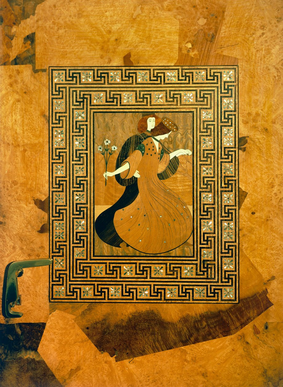 Szarmancka scena, ozdobna intarsja na drzwiach do sali muzycznej, rysunek Josepha Marii Olbricha (1867-1908), Wiedeń, Austria autorstwa Joseph Maria Olbrich