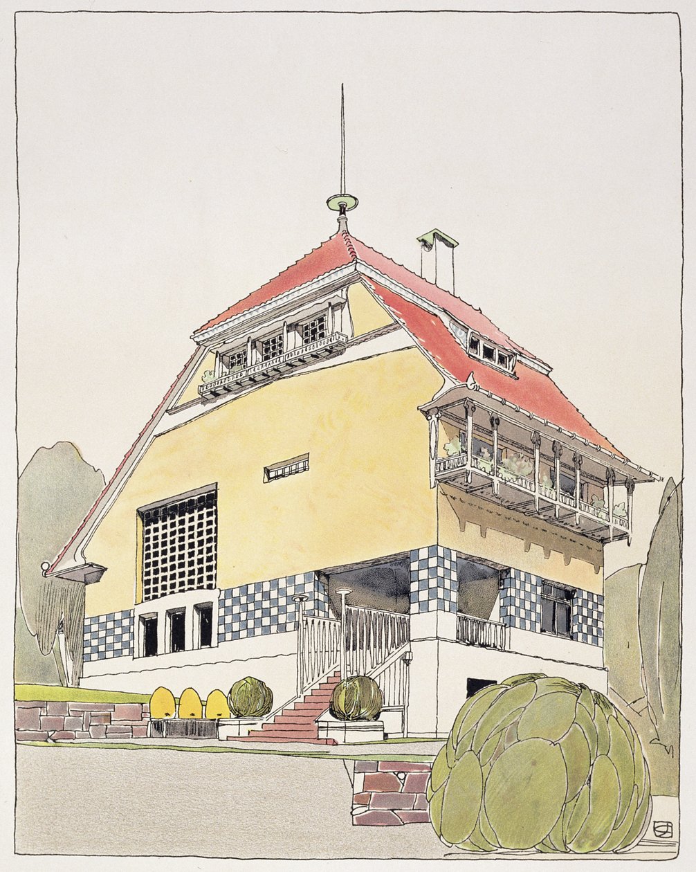 Studium do domu Olbricha, Darmstadt, z „Architektur von Olbrich”, wydane ok. 1904-14 autorstwa Joseph Maria Olbrich