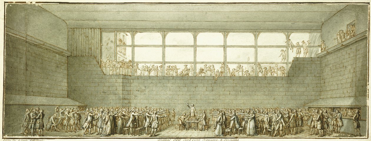 Przysięga kortu tenisowego, ok. 1789 (czarna kreda, długopis i brązowy tusz z szarym lakierem) autorstwa Joseph Marie Flouest