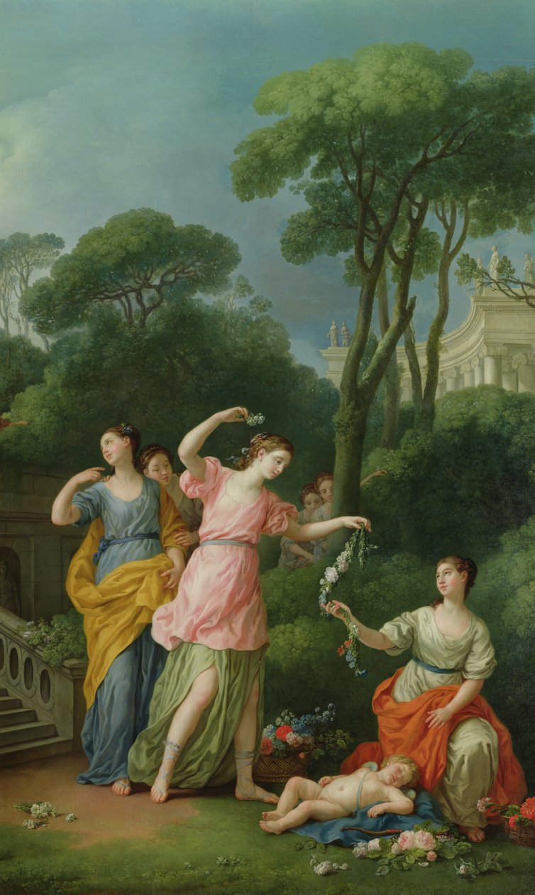 Młode greckie dziewczyny zdobiące śpiącego kupidyna kwiatami, 1773 autorstwa Joseph Marie Vien