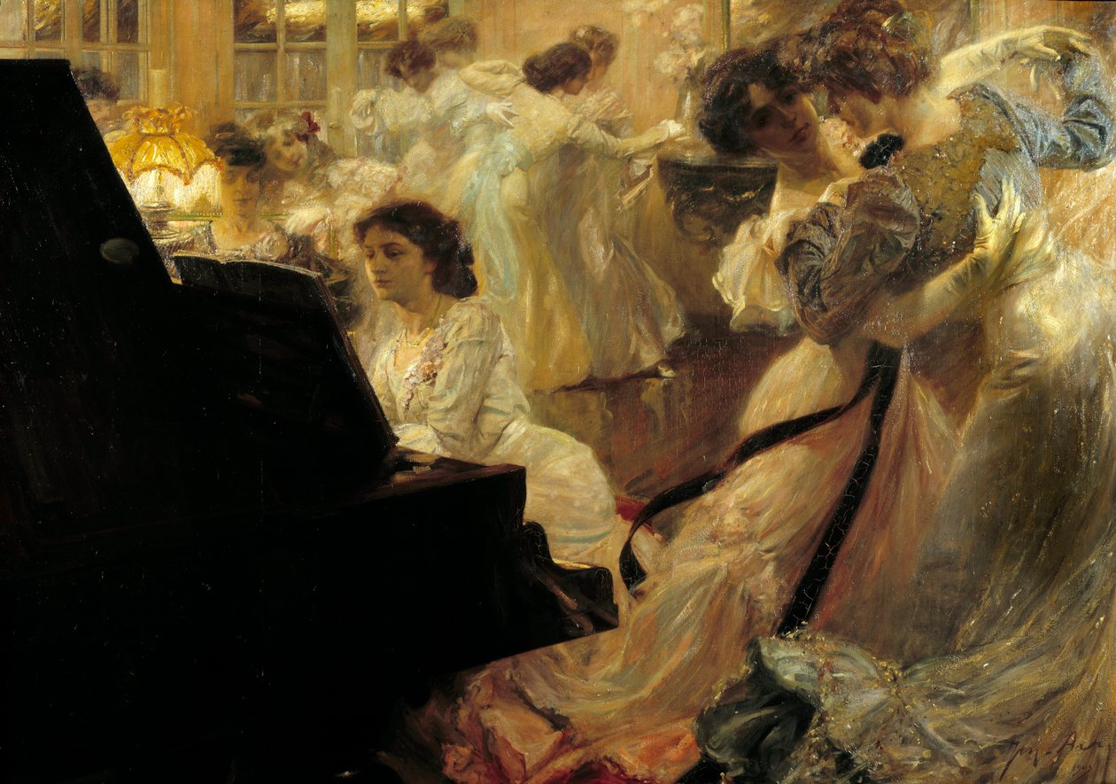 Belle epoque: „Biały Bal” Wieczór młodych kobiet ubiera się w biały taniec i grę na pianinie Joseph Marius Avy (1871-1939) 1903 autorstwa Joseph Marius Avy