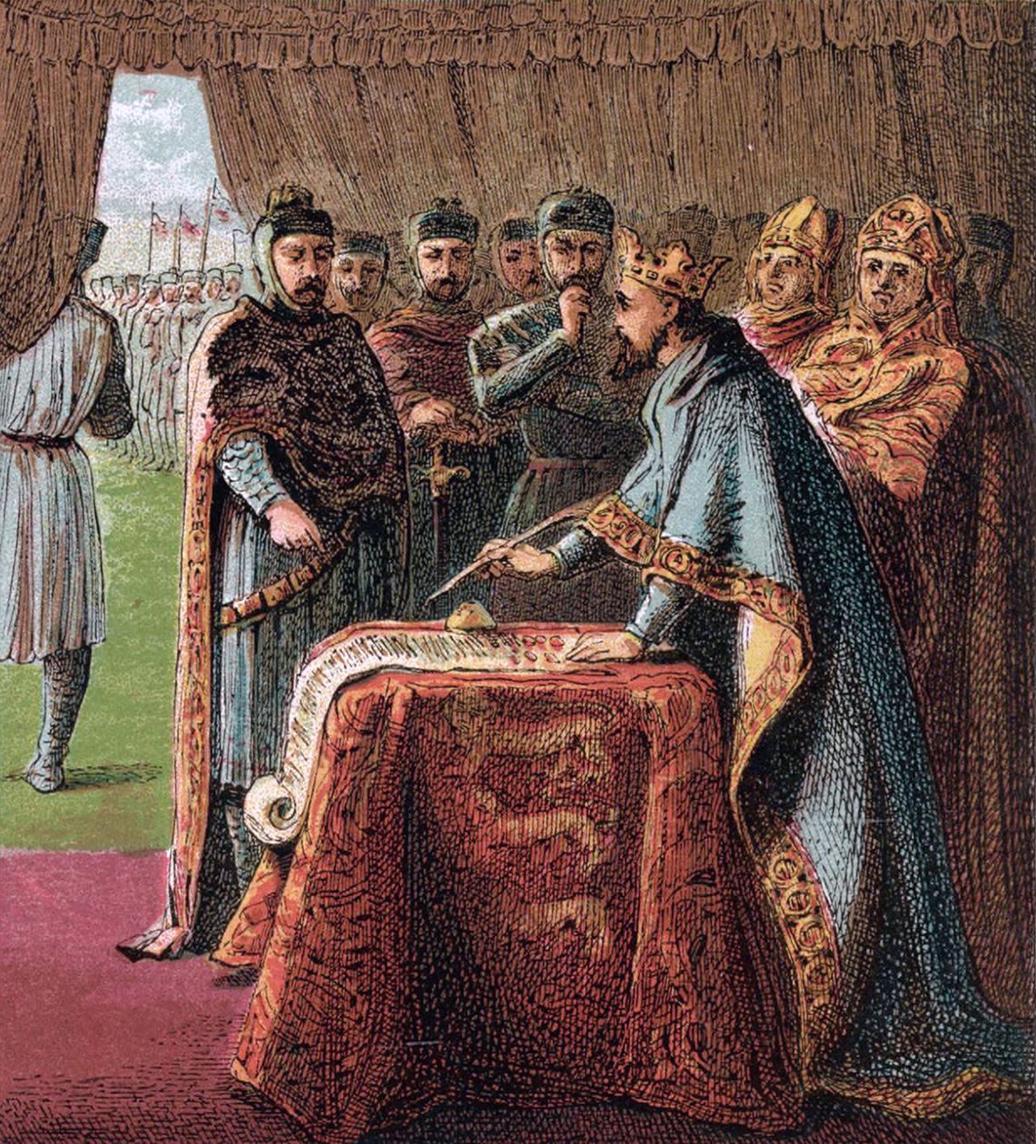 Król Jan Anglii podpisuje Magna Carta Od: Pictures of English History, 1868 autorstwa Joseph Martin Kronheim