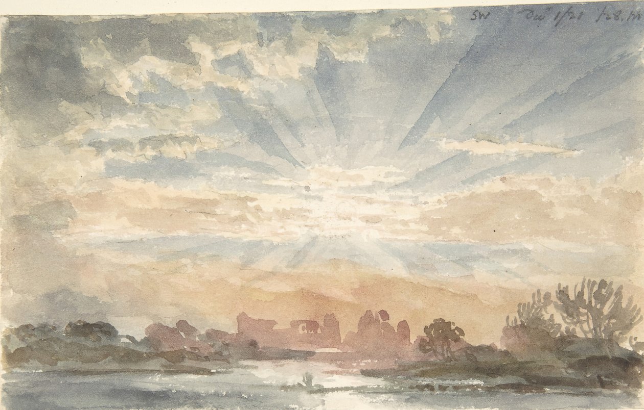 Krajobraz z wschodzącym słońcem, 1 grudnia 1828, 8:30, 1828. autorstwa Joseph Michael Gandy