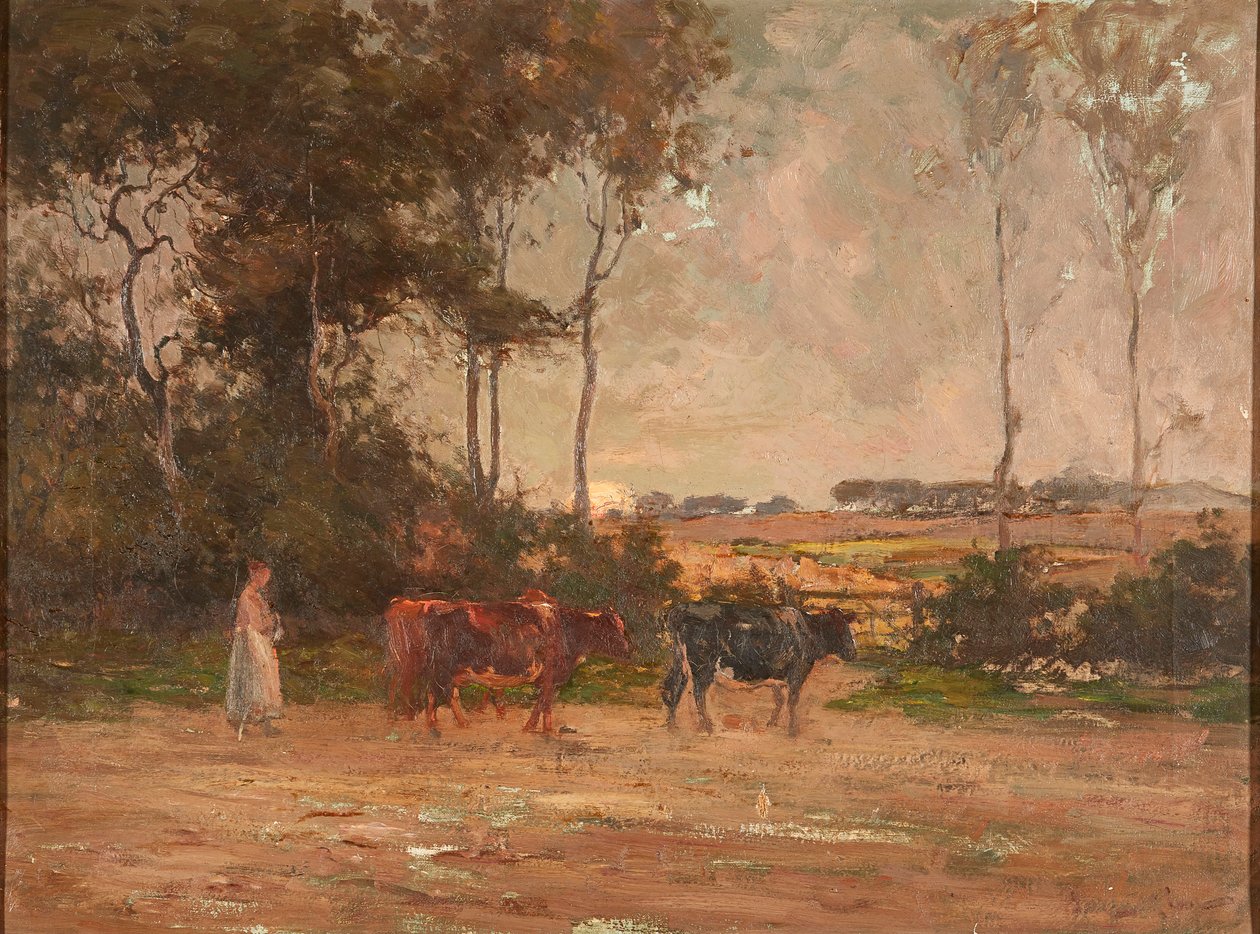Wypasanie bydła o zachodzie słońca (olej na płótnie) autorstwa Joseph Milne