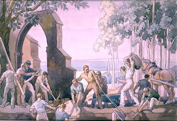 Men at Work, ok. 1920 (pióro i atrament oraz akwarela na papierze) autorstwa Joseph Milner