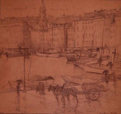 Scena portowa, deszczowy dzień (ołówek) autorstwa Joseph Milner Kite