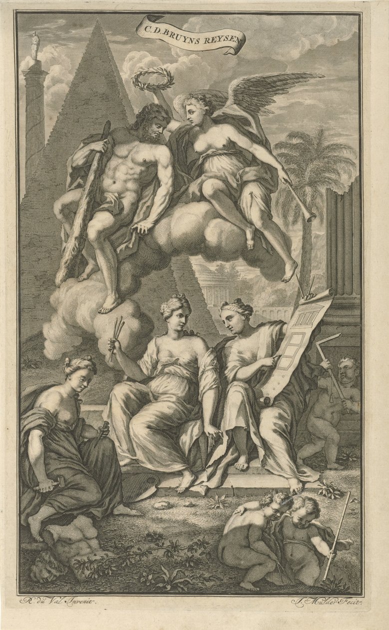 Herkules koronowany przez Wiktorię Strona tytułowa dla: Cornelis de Bruyn, Podróże Cornelisa de Bruyna przez najsłynniejsze zakątki Azji Mniejszej, 1698 autorstwa Joseph Mulder
