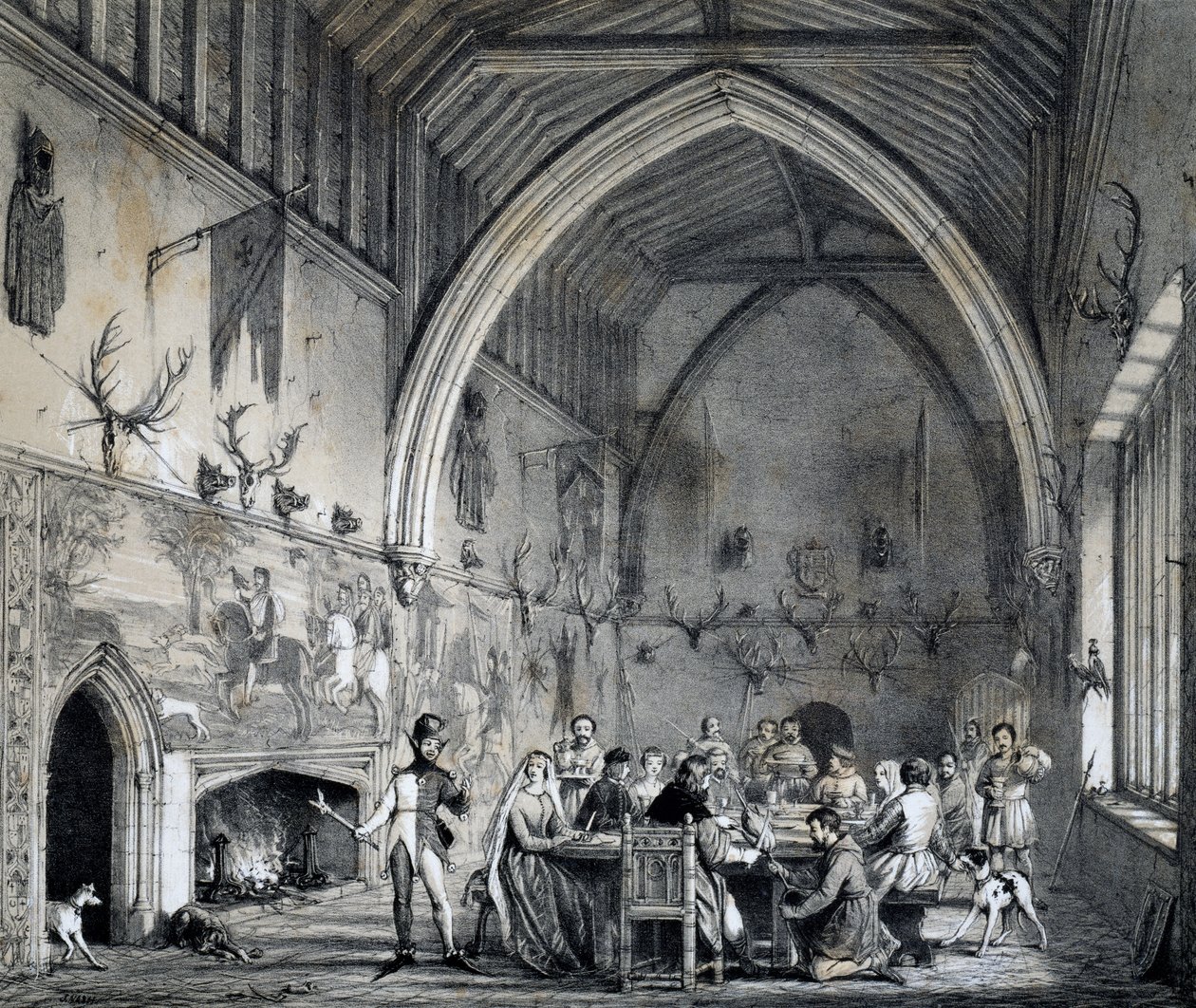 Sala w Moat House Ightham z bankietem, Kent, grawerowanie z rezydencji Anglii w dawnych czasach autorstwa Joseph Nash
