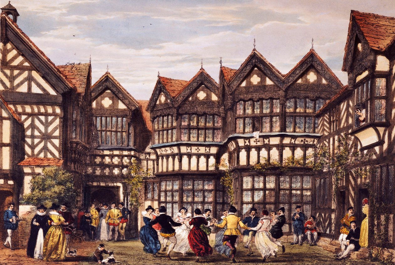 Little Moreton Hall, Cheshire, z „The Mansions of England in the Olden Time”, 1839-40 autorstwa Joseph Nash