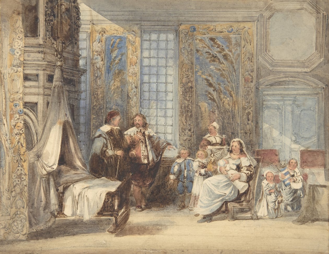 Scena z rodziną i gościem w XVII-wiecznym wnętrzu, 1825-78. autorstwa Joseph Nash.
