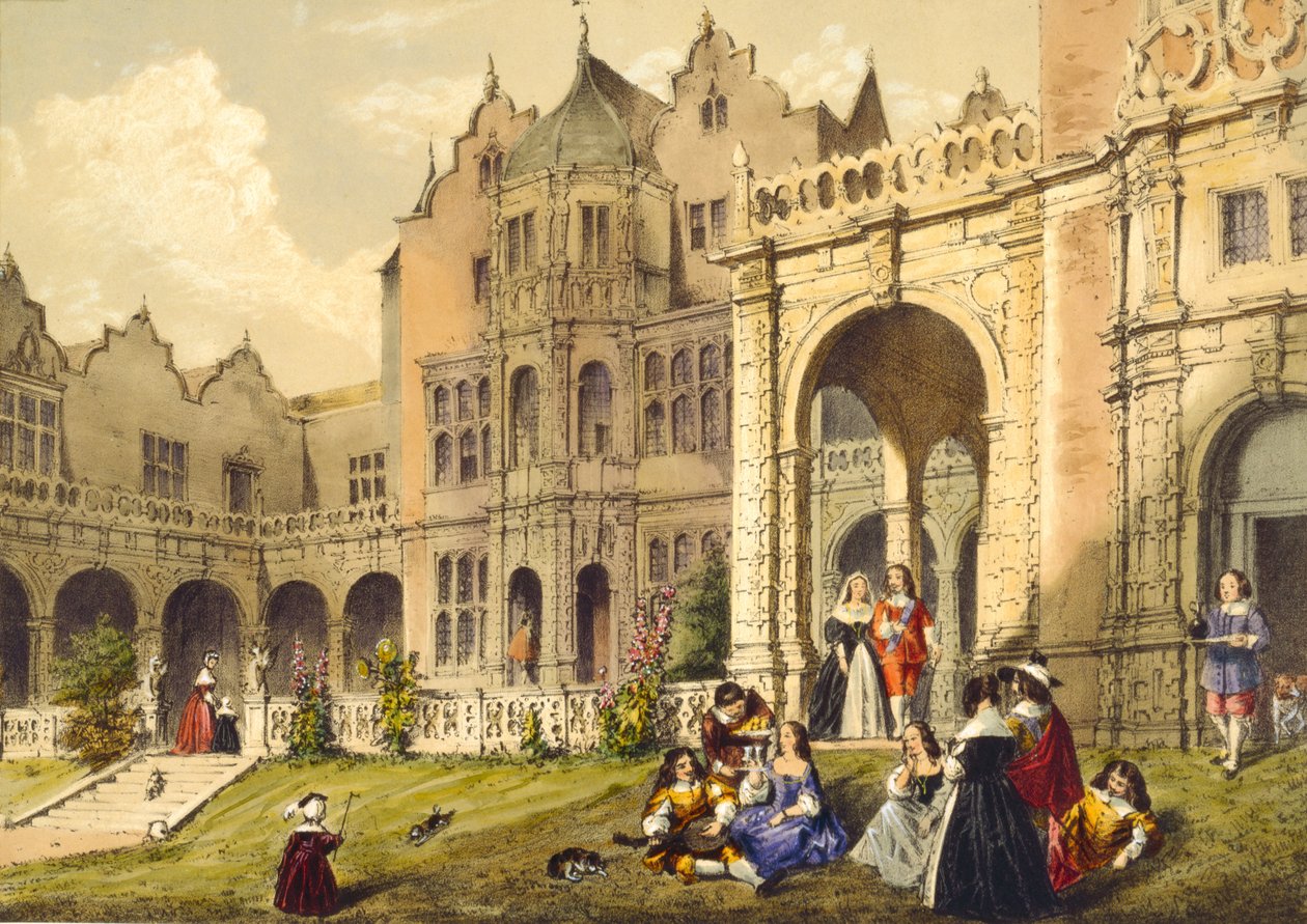 Orzeźwienie na trawniku na tarasie, Holland House, Kensington z „Architektury w średniowieczu”, 1838 autorstwa Joseph Nash
