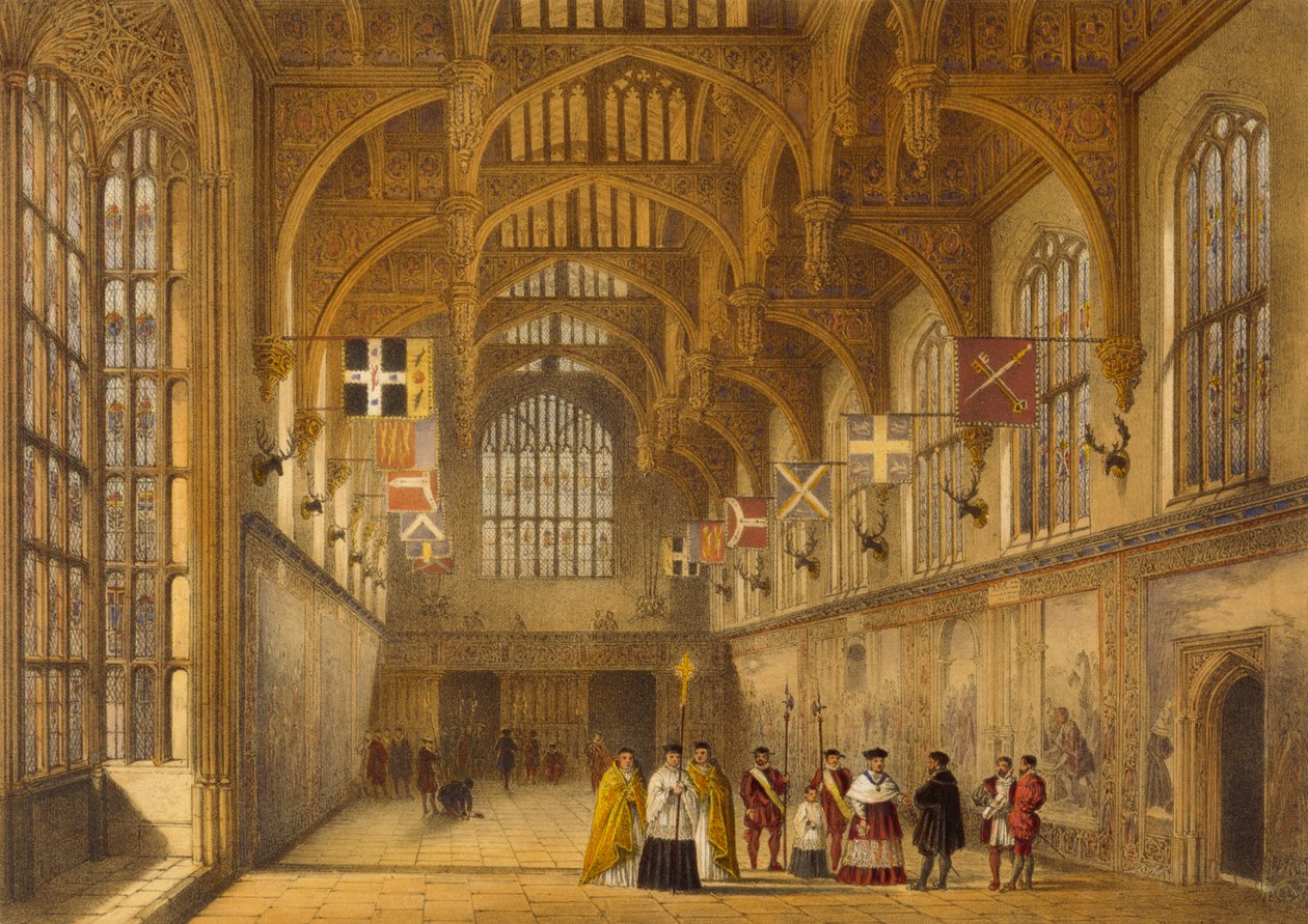 Hall, Hampton Court, ok. 1600, z „Architektury średniowiecza”, 1838 autorstwa Joseph Nash
