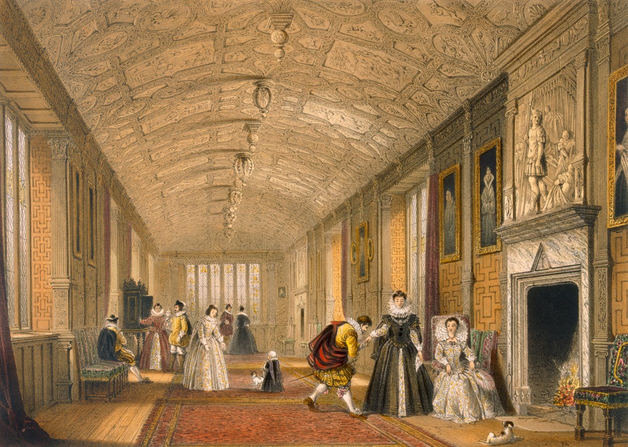 The Long Gallery w Lanhydrock, Cornwall, 1600. autorstwa Joseph Nash