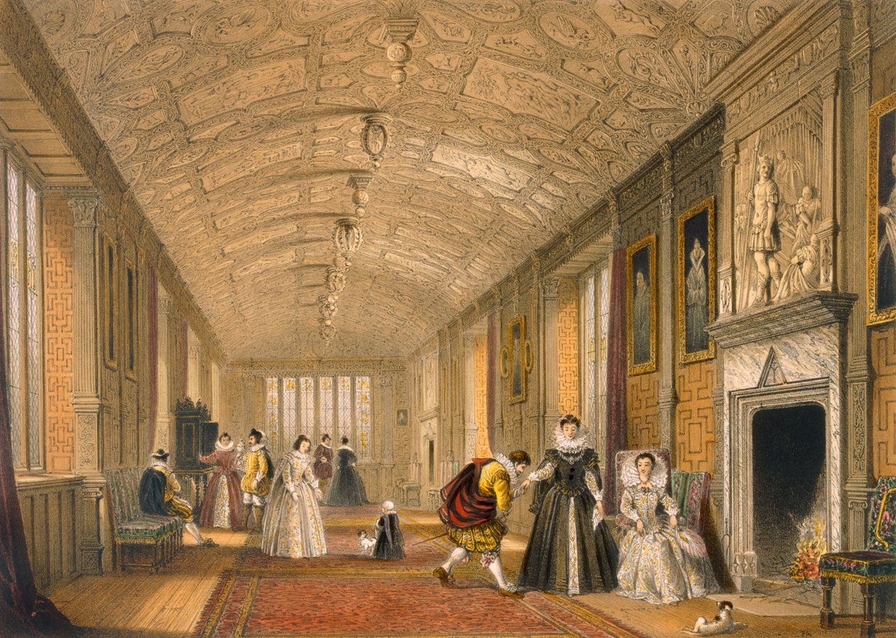 The Long Gallery w Lanhydrock, Cornwall, 1600, z Architecture of the Middle Ages, opublikowany 1838 autorstwa Joseph Nash