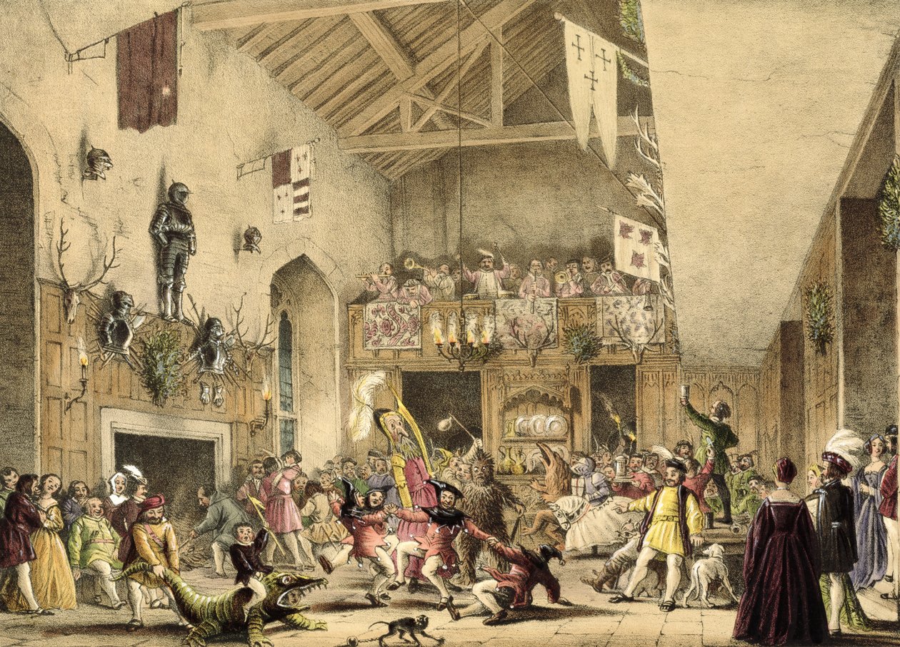 Dwunasta Noc biesiaduje w Wielkiej Sali, Haddon Hall, Derbyshire, z „Architektury średniowiecza”, 1838 autorstwa Joseph Nash
