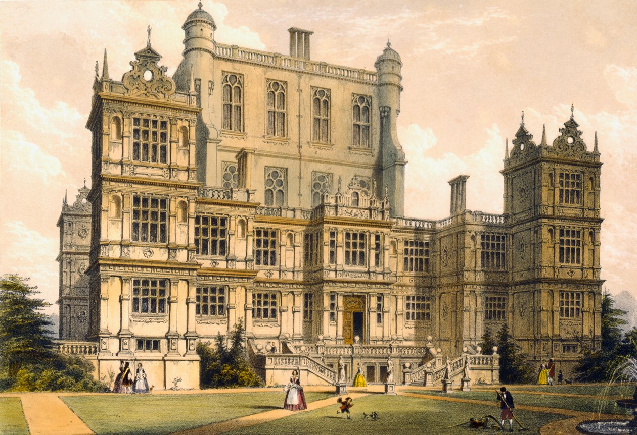 Wollaton Hall, Nottinghamshire, 1600, ilustracja z "Architecture of the Middle Ages", 1838 autorstwa Joseph Nash