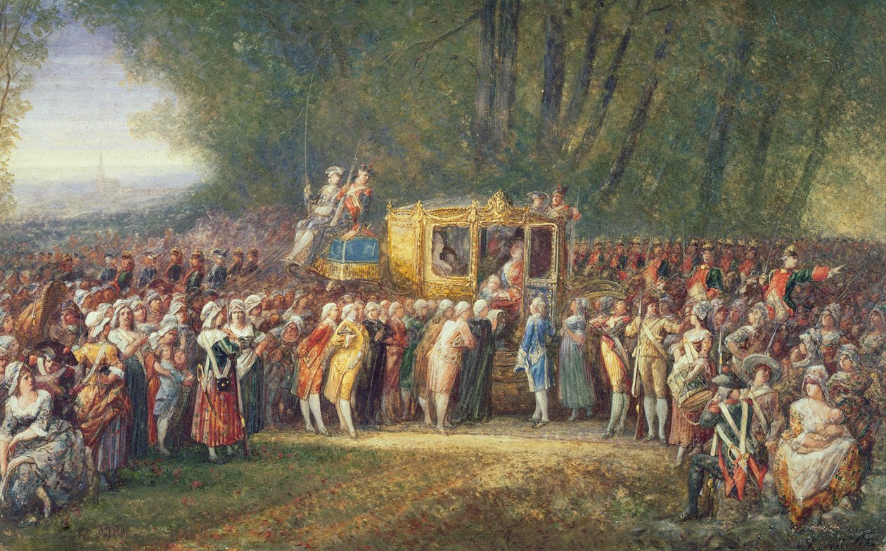 Król Ludwik XVI przewieziony z Wersalu do Paryża przez kobiety z Les Halles w październiku 1789 r. autorstwa Joseph Navlet