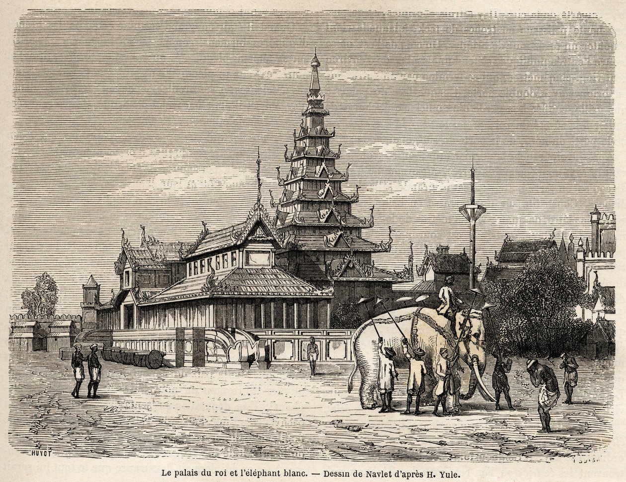 Pałac króla Avy w Amarapoura (dzisiejsza Birma), rysunek Navleta ilustrujący podróż do królestwa Avy w 1855 roku kapitana Henri Yule z ciała bengalskiego dżina. Grawerowanie w „” Le tour du monde, nouveau journal des voya autorstwa Joseph Navlet