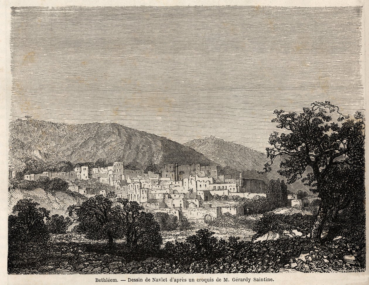 Widok Betlejem, rysunek Joseph Navlet (1821-1889), ilustrujący podróż Bidy do Palestyny ​​w 1856 r. Grawer w „”Le tour du monde, nouveau journal des voyages””Paryż autorstwa Joseph Navlet