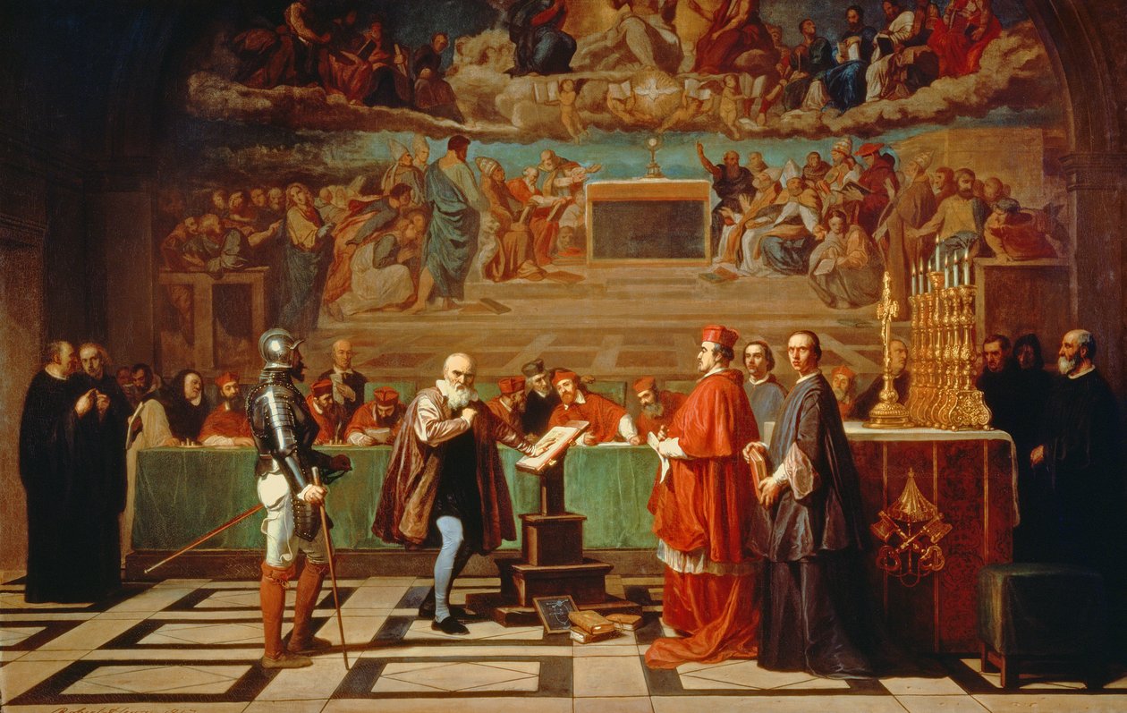 Galileo Galilei (1564-1642) przed członkami Świętego Oficjum w Watykanie w 1633, 1847 autorstwa Joseph Nicolas Robert Fleury