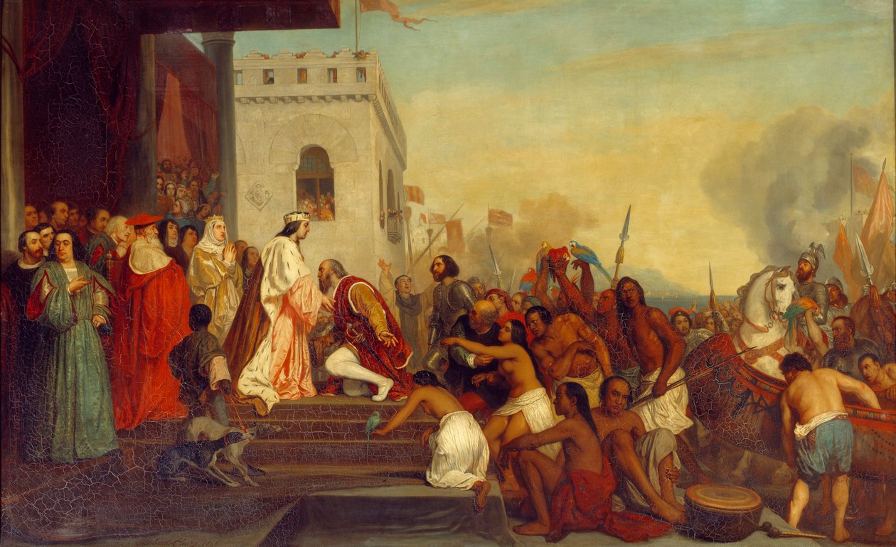 Przyjęcie Krzysztofa Kolumba (1451-1506) przez królów Hiszpanii Ferdynanda II Aragońskiego i Izabelę I Kastylii (zwaną katolicką) w Barcelonie w 1493 r. Odkrywca powraca z uwięzionymi Indianami. Obraz Josepha Nicolasa Roberta Fleury (1797-1890) autorstwa Joseph Nicolas Robert Fleury