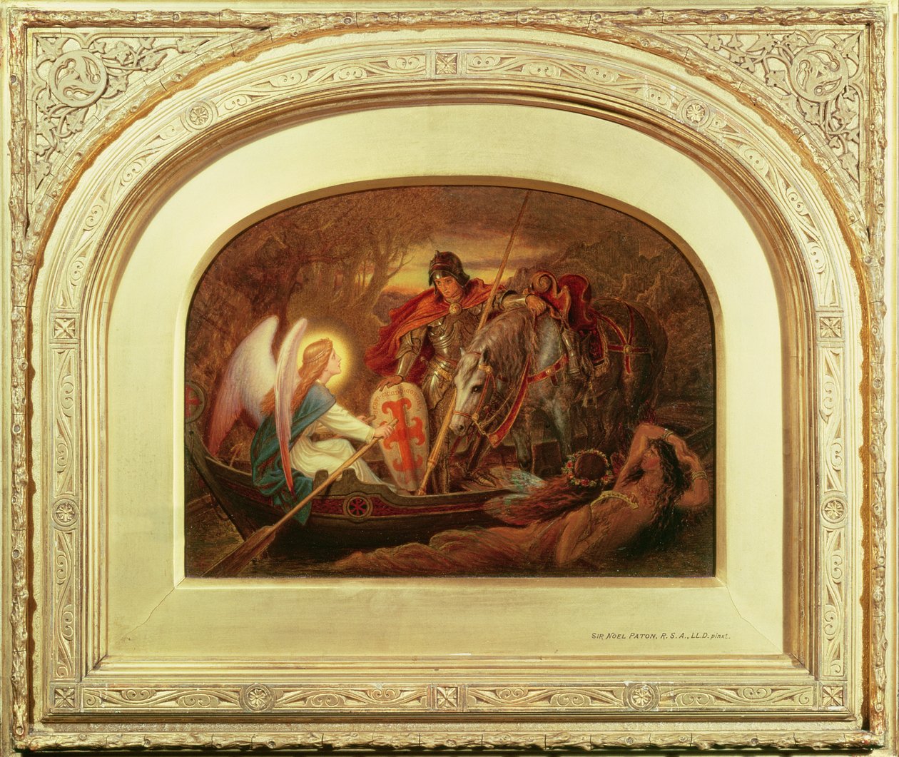 Jak anioł wiosłował Sir Galahadem przez Dern Mere autorstwa Joseph Noel Paton
