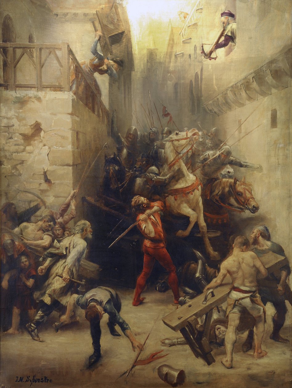 Worek Beziers w 1209 r.: Mieszkańcy Beziers próbują uniemożliwić wjazd do miasta żołnierzy armii francuskiej autorstwa Joseph Noel Sylvestre