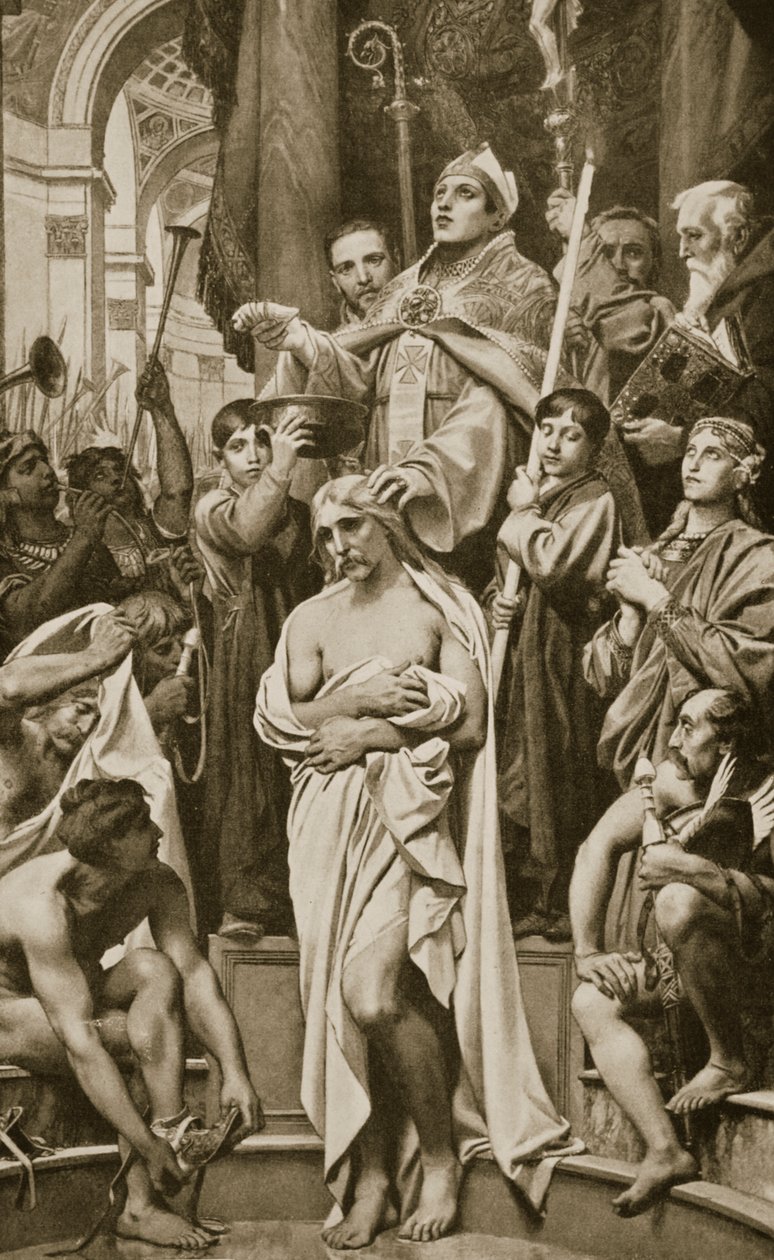 Chrzest Clovis, Reims, 496 rne, ilustracja z „Historii Narodów Hutchinsona”, 1915 autorstwa Joseph Paul Blanc