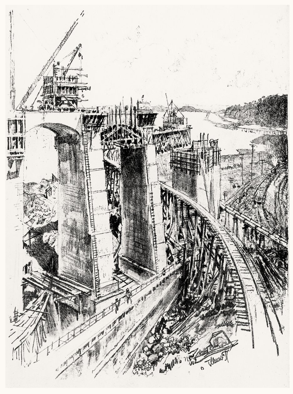 Podejścia do śluzy Gatun, płyta VI z Kanału Panamskiego autorstwa Josepha Pennella, 1912 (węgiel na papierze) autorstwa Joseph Pennell