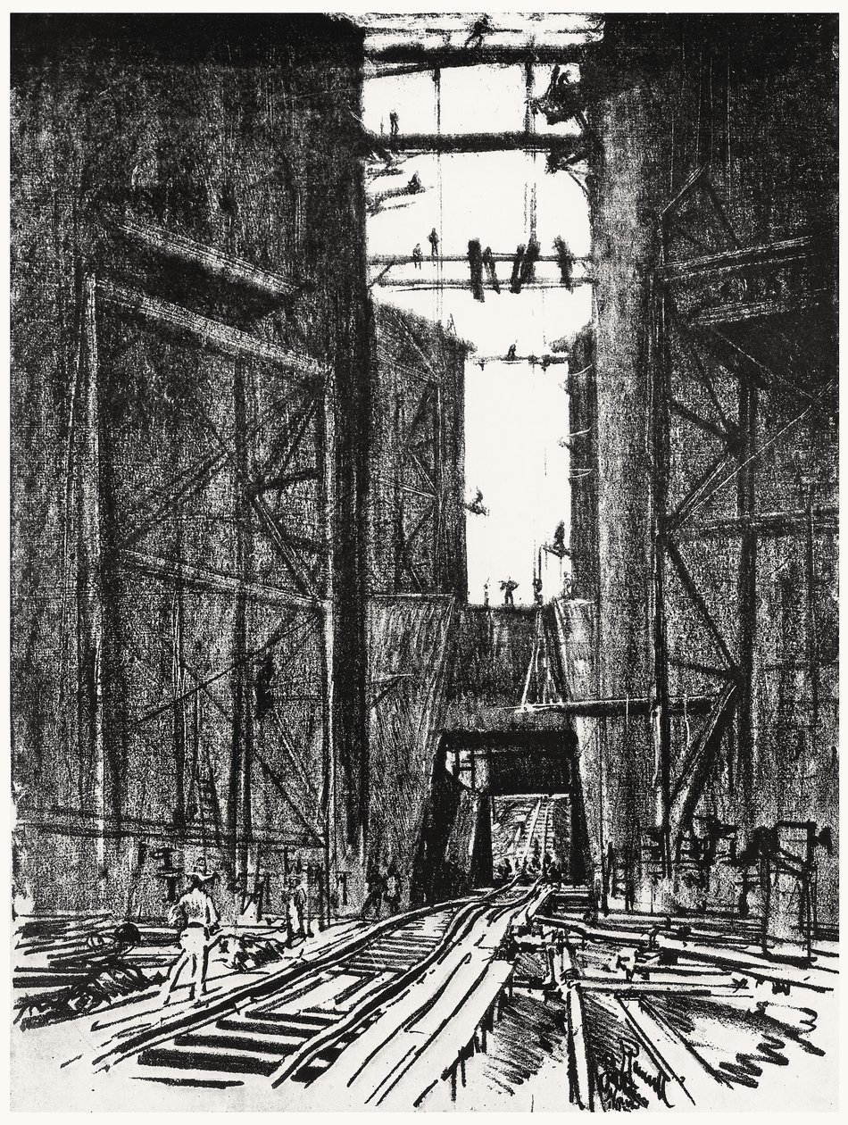 Na dnie śluzy Gatun, płyta IV z Kanału Panamskiego autorstwa Josepha Pennella, 1912 (węgiel na papierze) autorstwa Joseph Pennell