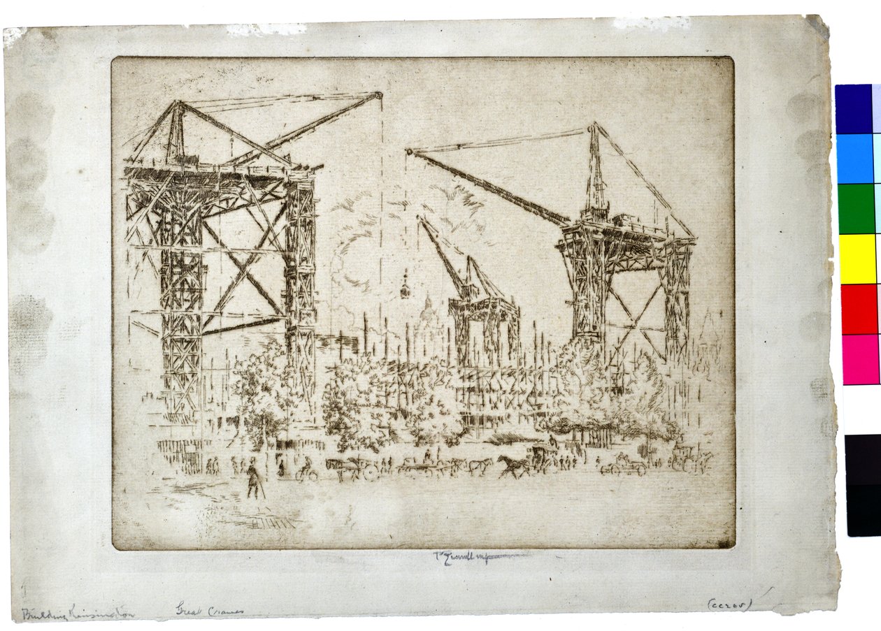 Building Kensington Great Cranes, ok. 1905 (akwaforta na papierze) autorstwa Joseph Pennell