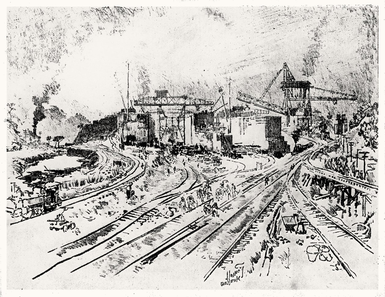 Budynek śluzy Miraflores, tablica XXI z Kanału Panamskiego autorstwa Josepha Pennella, 1912 (węgiel na papierze) autorstwa Joseph Pennell