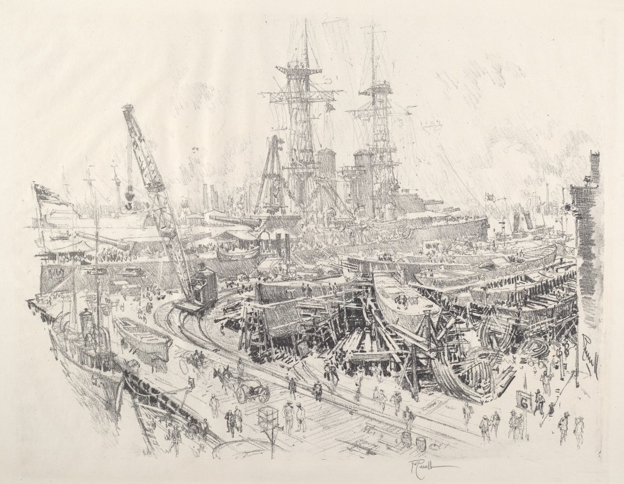 Budowa ścigaczy łodzi podwodnych, 1917. autorstwa Joseph Pennell
