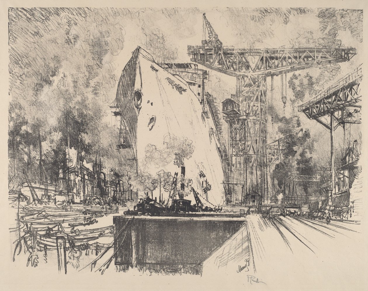 Budowanie Bismarcka, Hamburg autorstwa Joseph Pennell