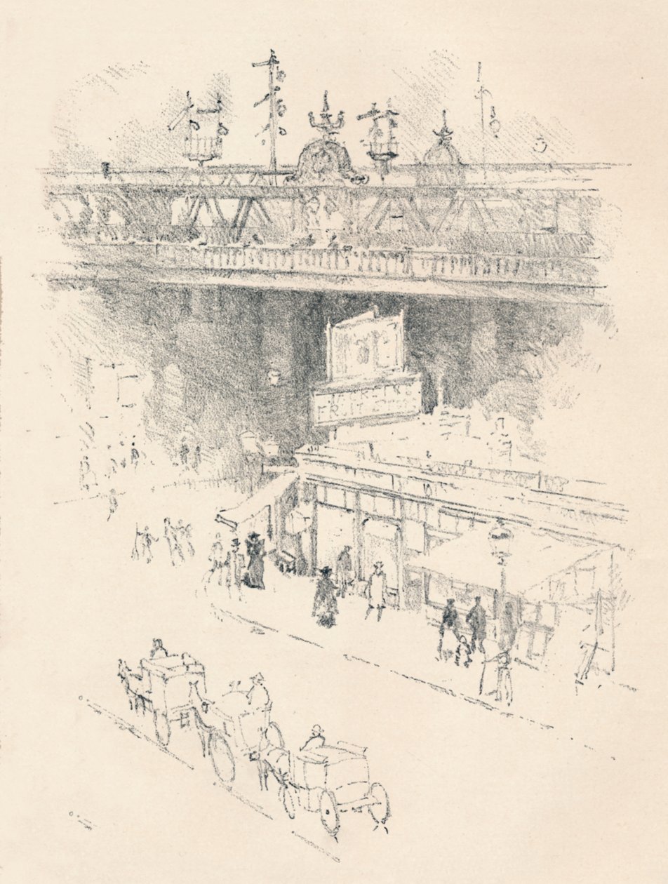 Róg Villiers Street, Charing Cross, 1896 autorstwa Joseph Pennell