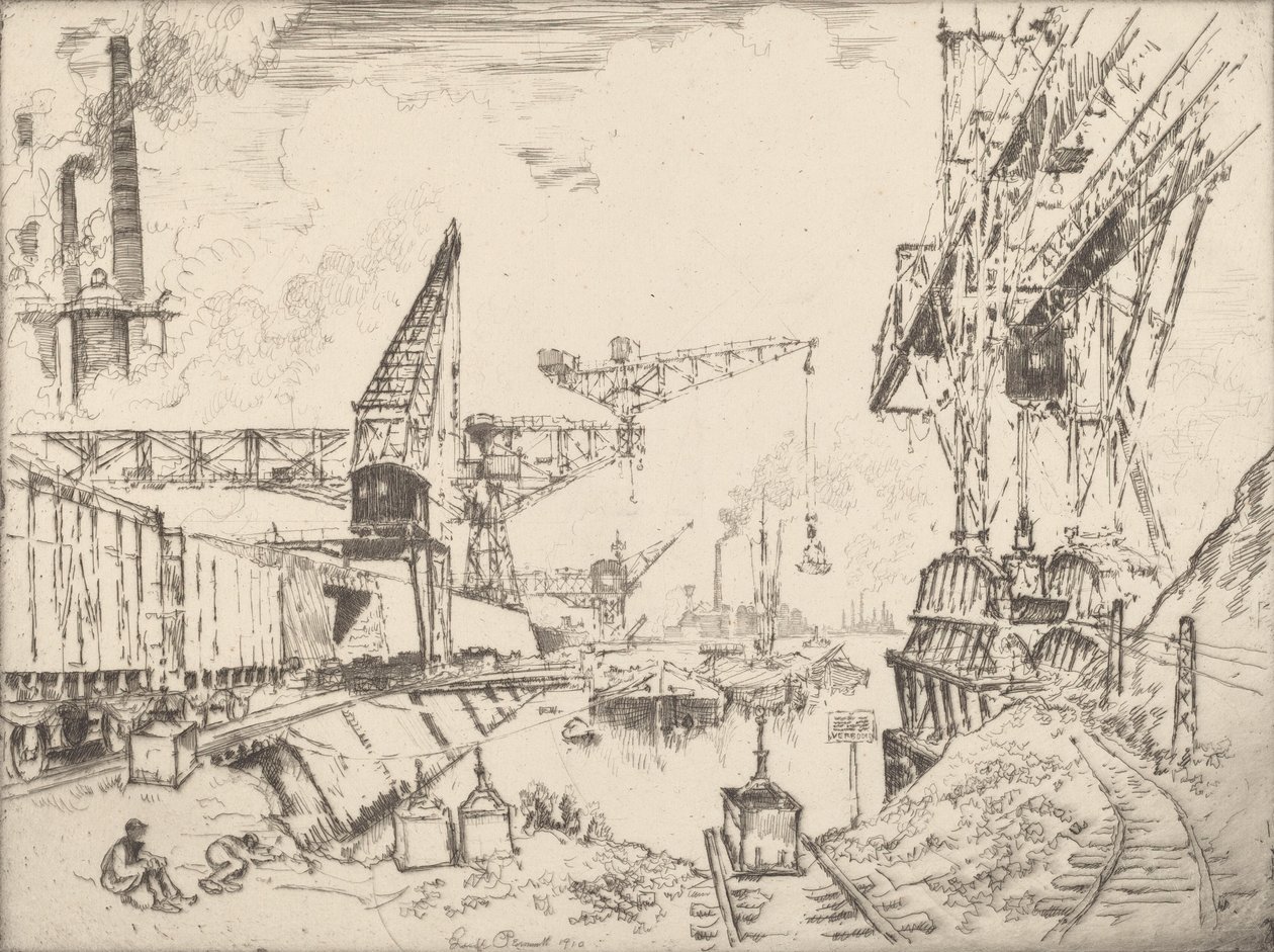 Dźwigi w Duisburgu, 1910. autorstwa Joseph Pennell