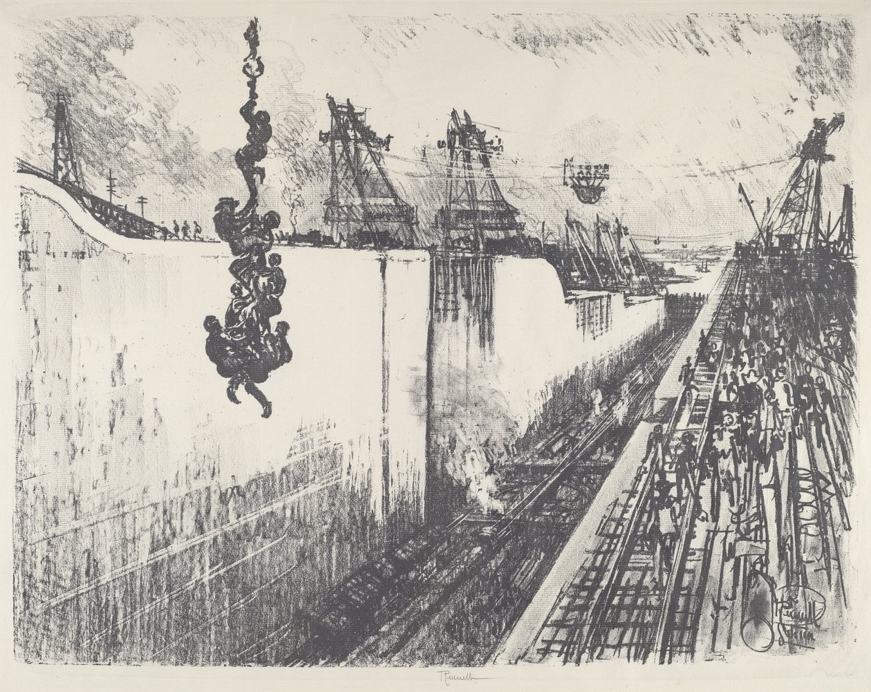 Pora obiadowa, śluza Gatun, 1912. autorstwa Joseph Pennell