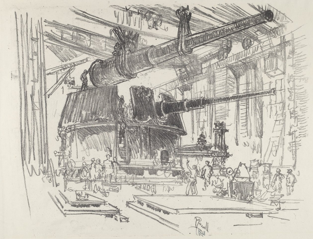 Montaż dział w wieżyczkach, 1916. autorstwa Joseph Pennell