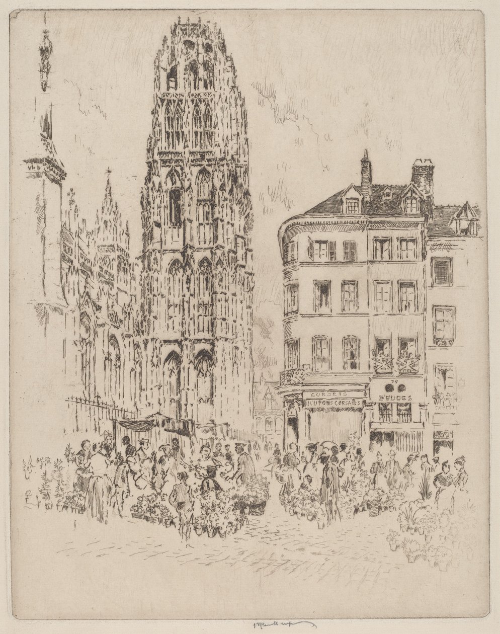 Targ kwiatowy i wieża masła, Rouen autorstwa Joseph Pennell