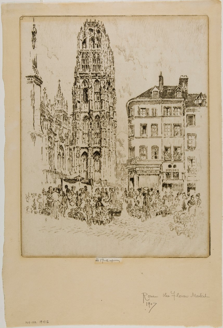 Targ kwiatowy i wieża masła, Rouen autorstwa Joseph Pennell