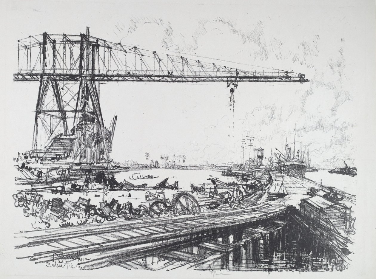 Francuskie i amerykańskie żurawie kanałowe, 1912 r. autorstwa Joseph Pennell