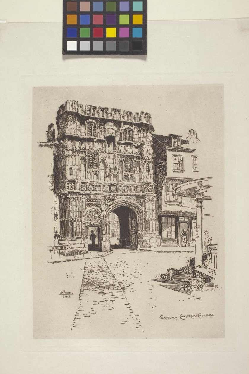 Gateway, katedra w Canterbury (akwaforta na papierze indyjskim, chine collé) autorstwa Joseph Pennell