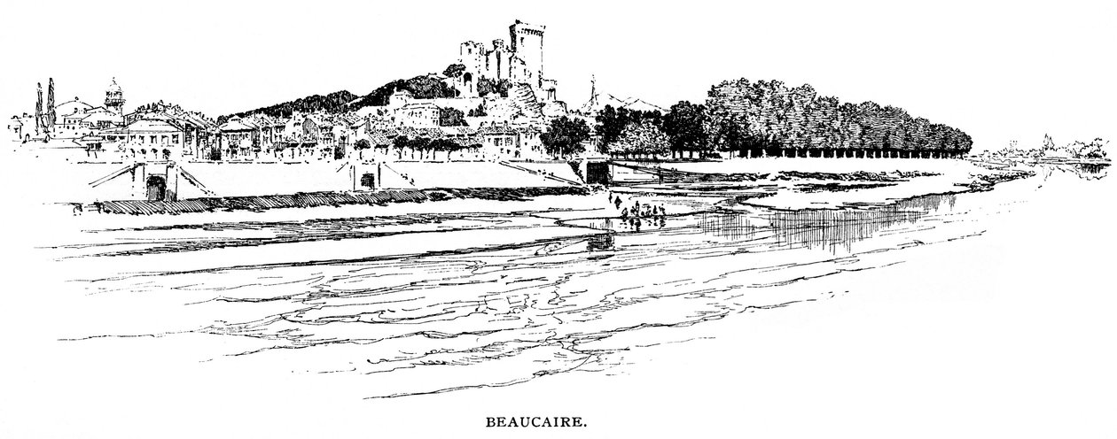 Widok ogólny Beaucaire z widokiem na Rodan. Grafika autorstwa Josepha Pennella. autorstwa Joseph Pennell