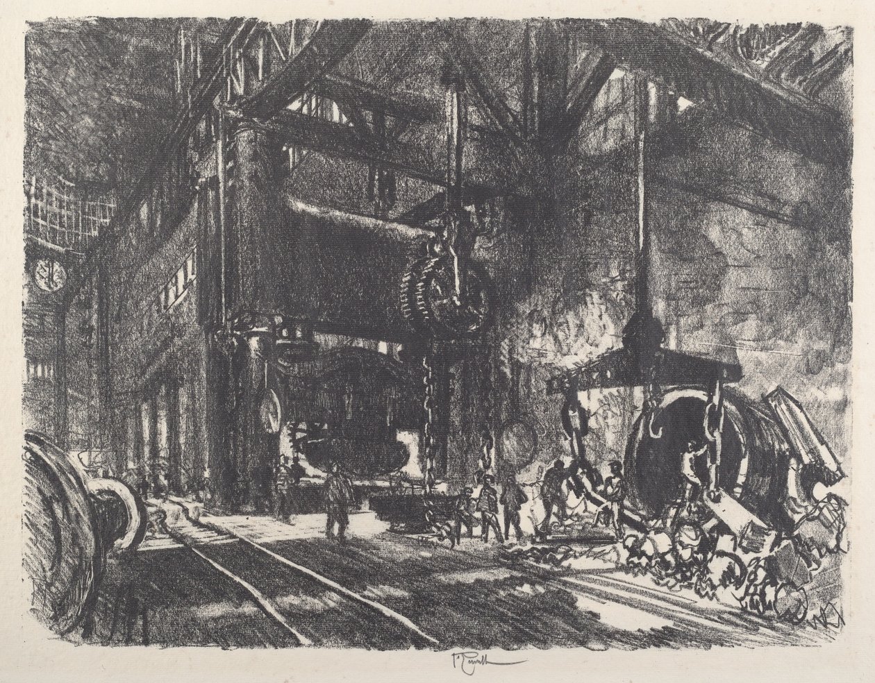W kraju Brobdingnag, prasa do gięcia blach pancernych, 1917. autorstwa Joseph Pennell