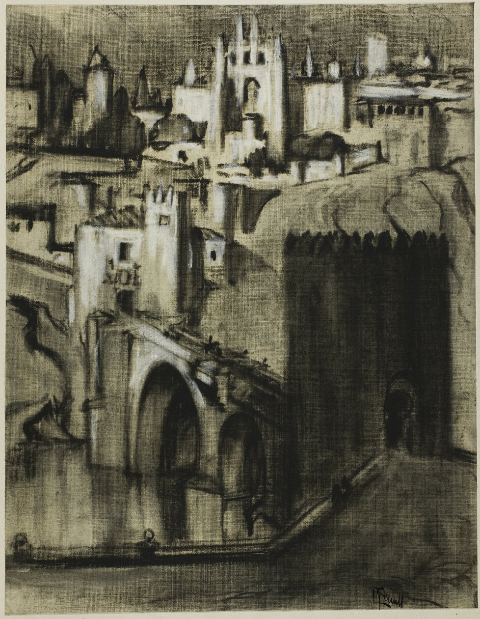 To pasy pałaców ułożonych tarasowo wokół zbocza, Toledo autorstwa Joseph Pennell